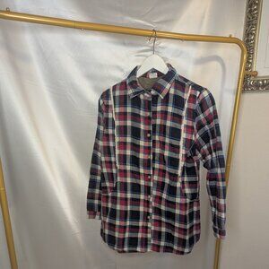 Quilted Women's Flannel Shirt Plaid Red, White, and Blue with Lace and pockets